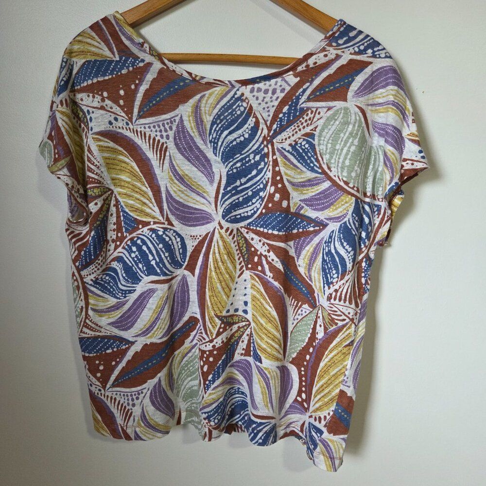 EUC FOLIAGE PRINT 100% LINEN CAP SLEEVES TOP SIZE MEDIUM WOMENS